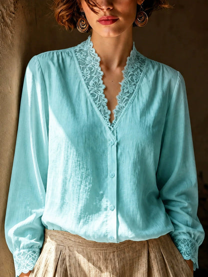 French-style V-neck Lace-panel Blouse