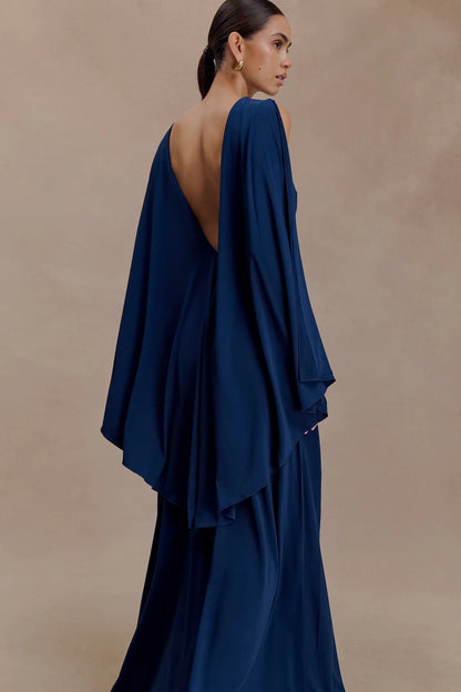 navy open back cape pleated maxi dress
