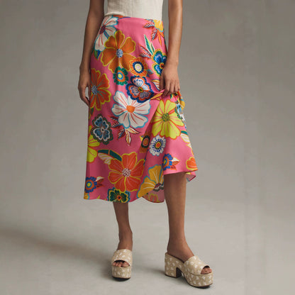 Resort-style floral printed A-line midi skirt