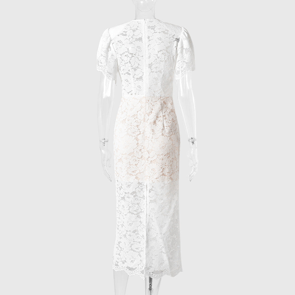 White Floral Lace Midi Dress Premium Fabric - product view 12