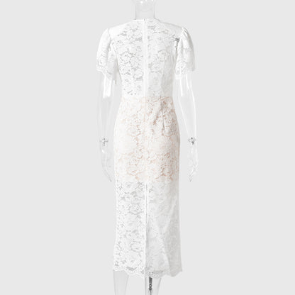White Floral Lace Midi Dress Premium Fabric - product view 12