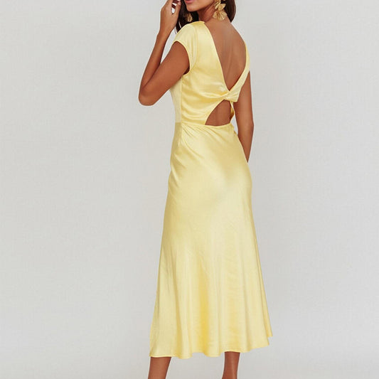 yellow Crew Neck Slit Slim Dress