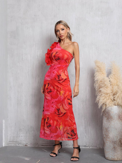 red sleeveless slanted shoulder floral printed dress