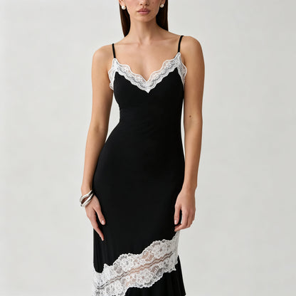 Black V-neck camisole maxi dress with asymmetrical lace splicing & cut-out