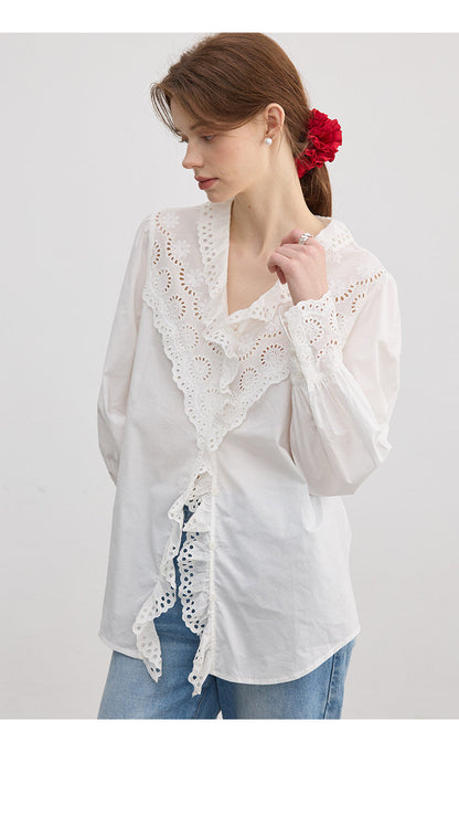 Loose V-neck long-sleeved shirt with ruffled lace embroidery