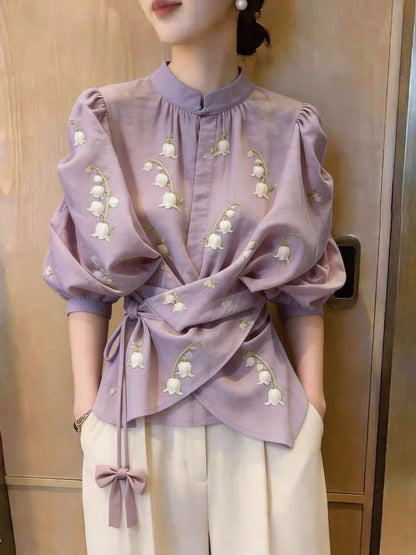 V-neck Printed Long-sleeved Top