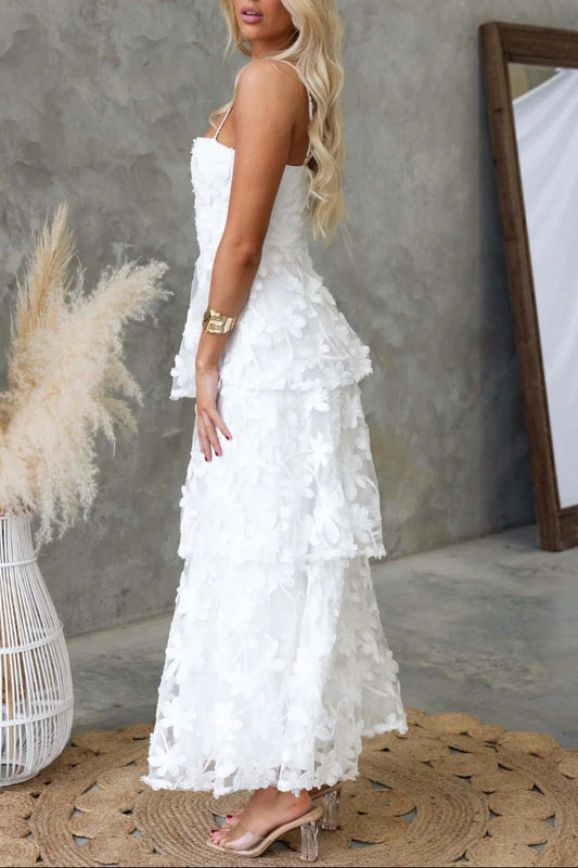 White 3D Floral Spaghetti Strap Tiered Midi Dress