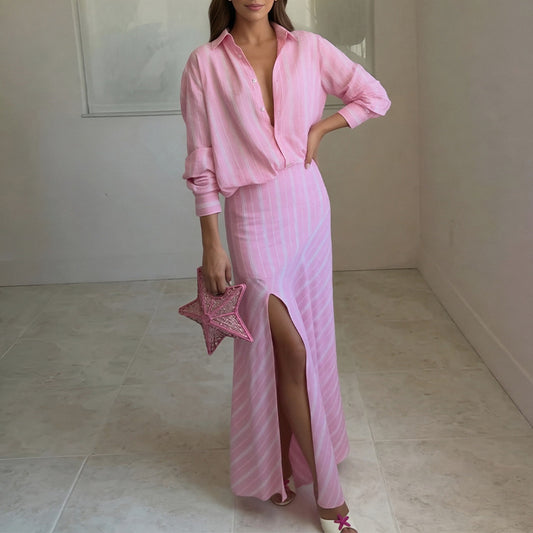 pink Striped Lapel Slit Long Skirt Set