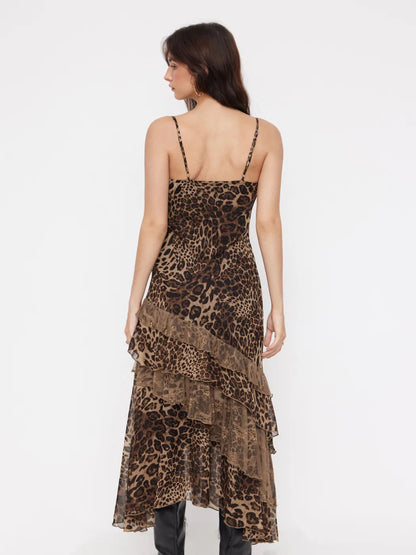 Leopard-print sheer camisole backless maxi dress with ruffles