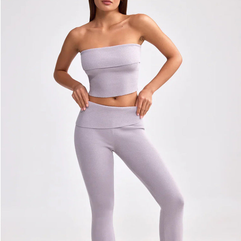 purple Strapless top and flared trousers two-piece set