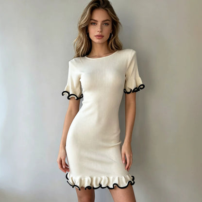 Ruffled Short-Sleeve Knit Dress with Rolled Cuffs