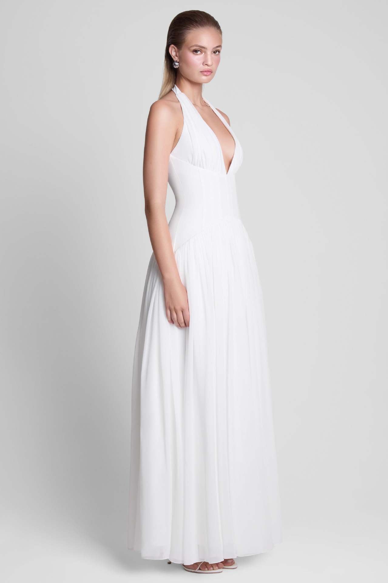 white suspender backless maxi dress