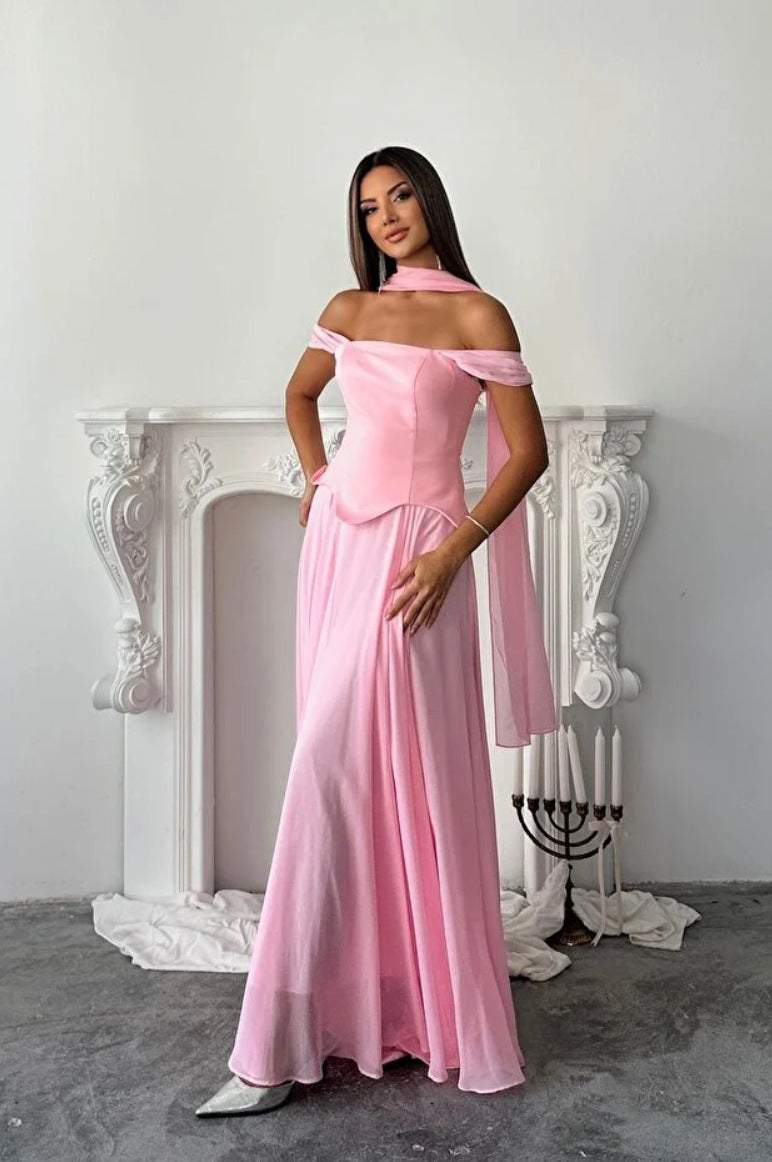 pink Streamer Off-the-Shoulder maxi Dress
