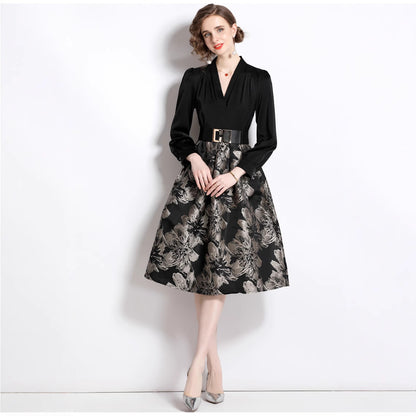 Deep V-neck patchwork jacquard puffy maxi dress