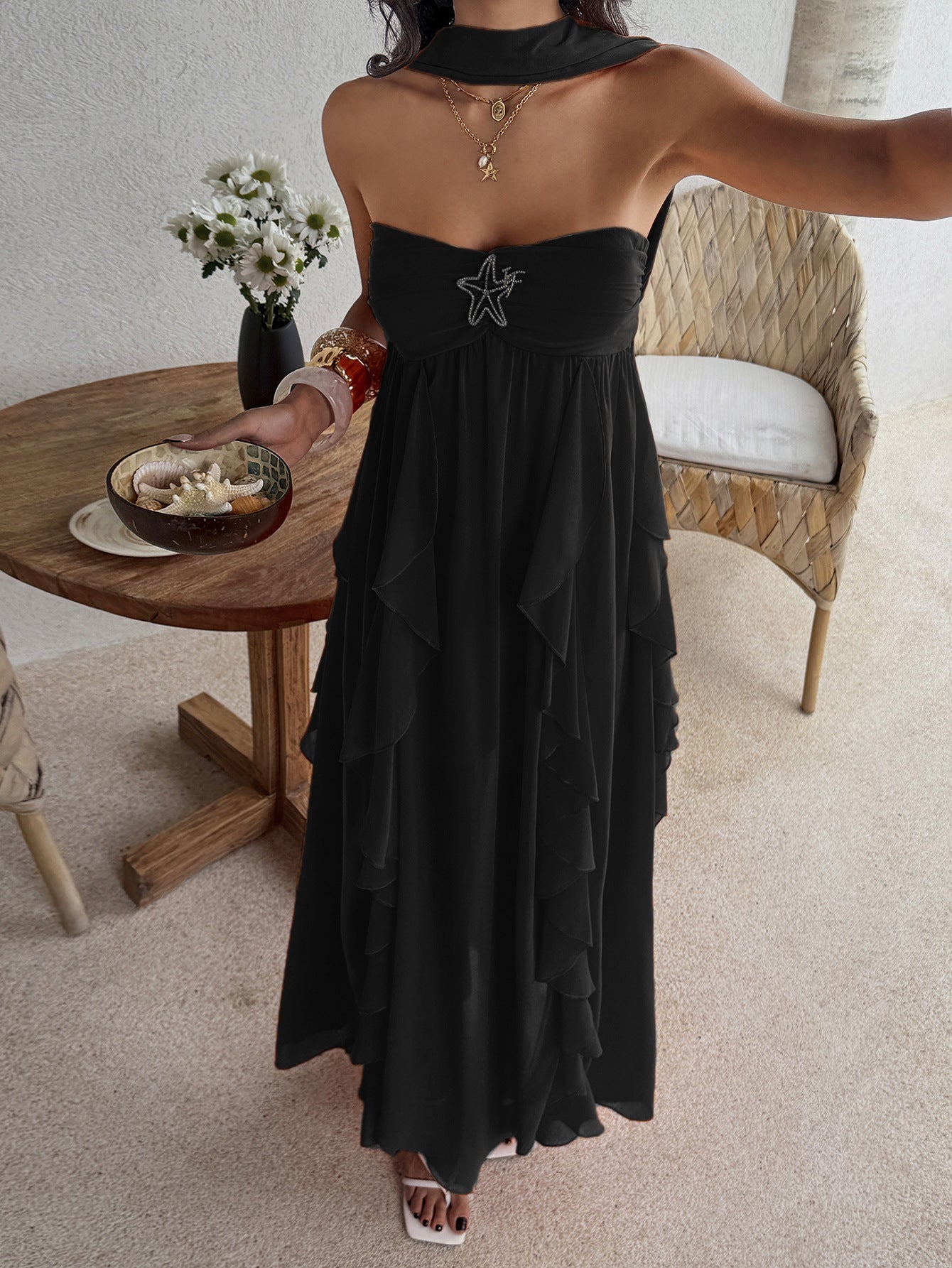 black bandeau layered ruffled dress