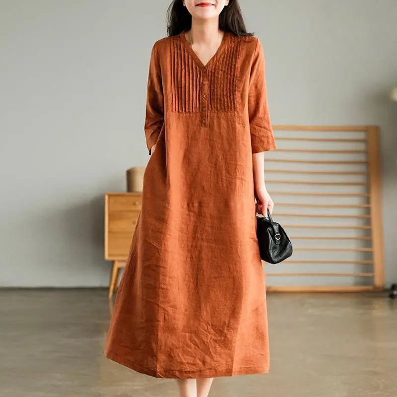 Country-style V-neck patchwork midi dress