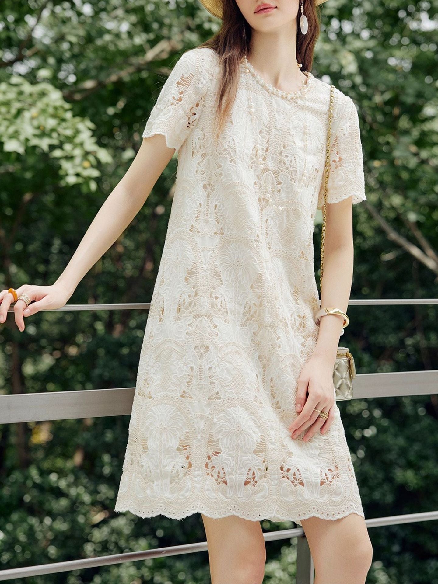 lace openwork embroidery mini dress - beige