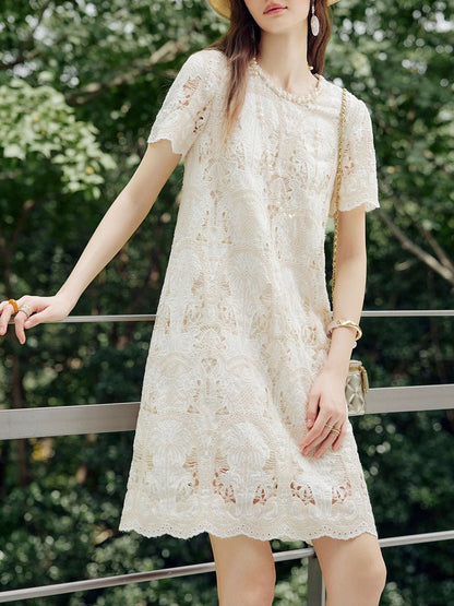 lace openwork embroidery mini dress - beige
