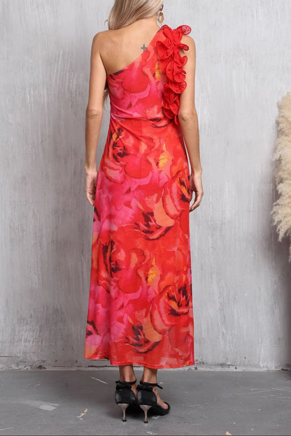 red sleeveless slanted shoulder floral printed dress
