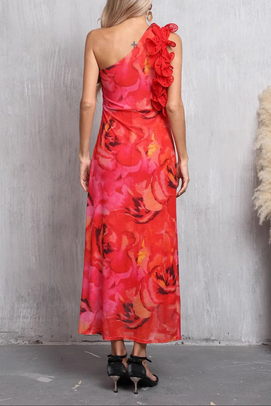 red sleeveless slanted shoulder floral printed dress