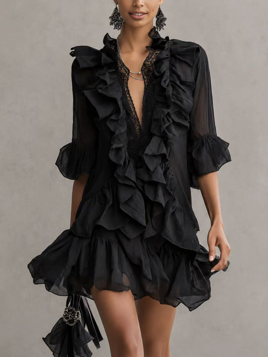 V-neck flared sleeve ruffled mini dress - black