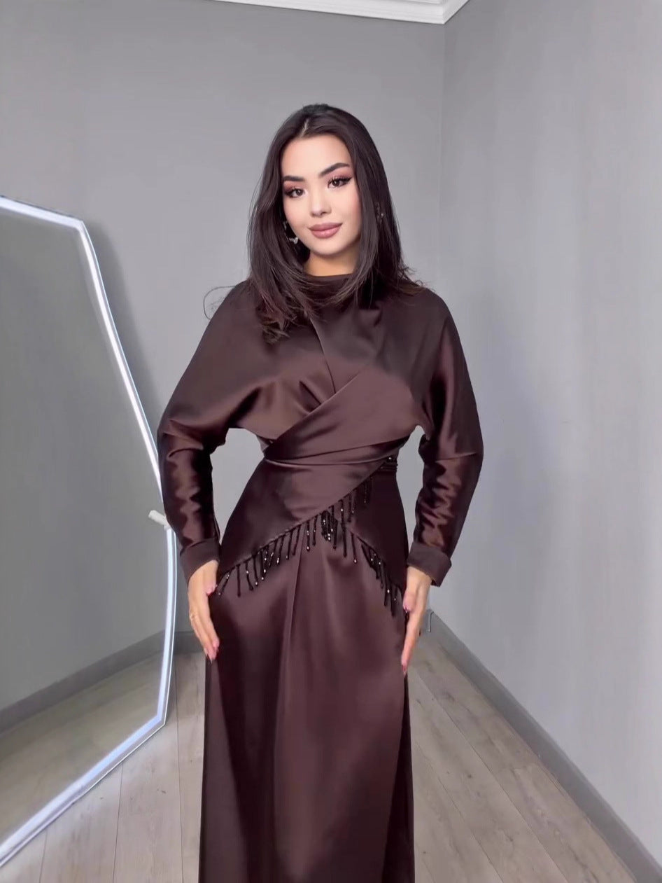 brown long-sleeved maxi dress