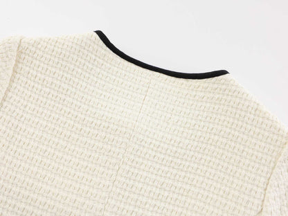 white knitted short-sleeved button-down  mini dress