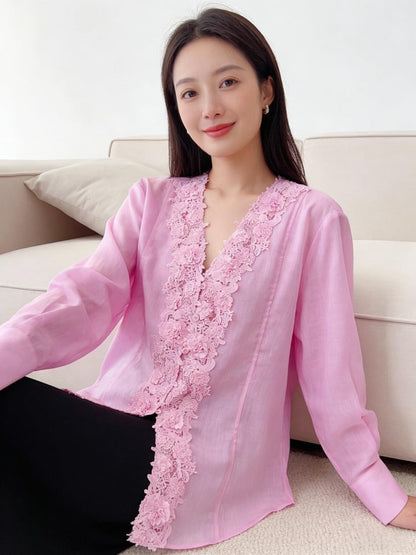 Lace Embroidery V-Neck Ramie Shirt
