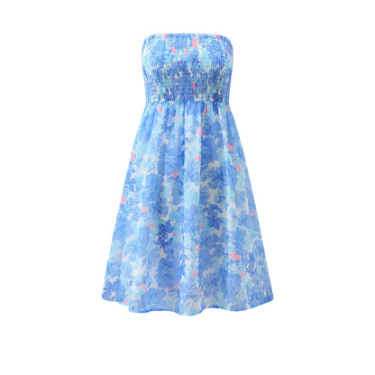 Beach-print strapless midi dress in blue