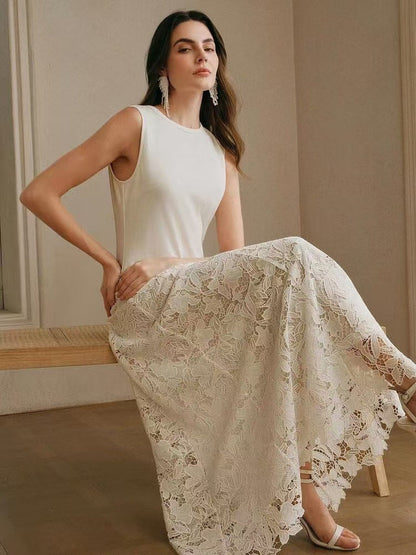 Crew Neck Lace patchwork sleeveless maxi Dress - beige