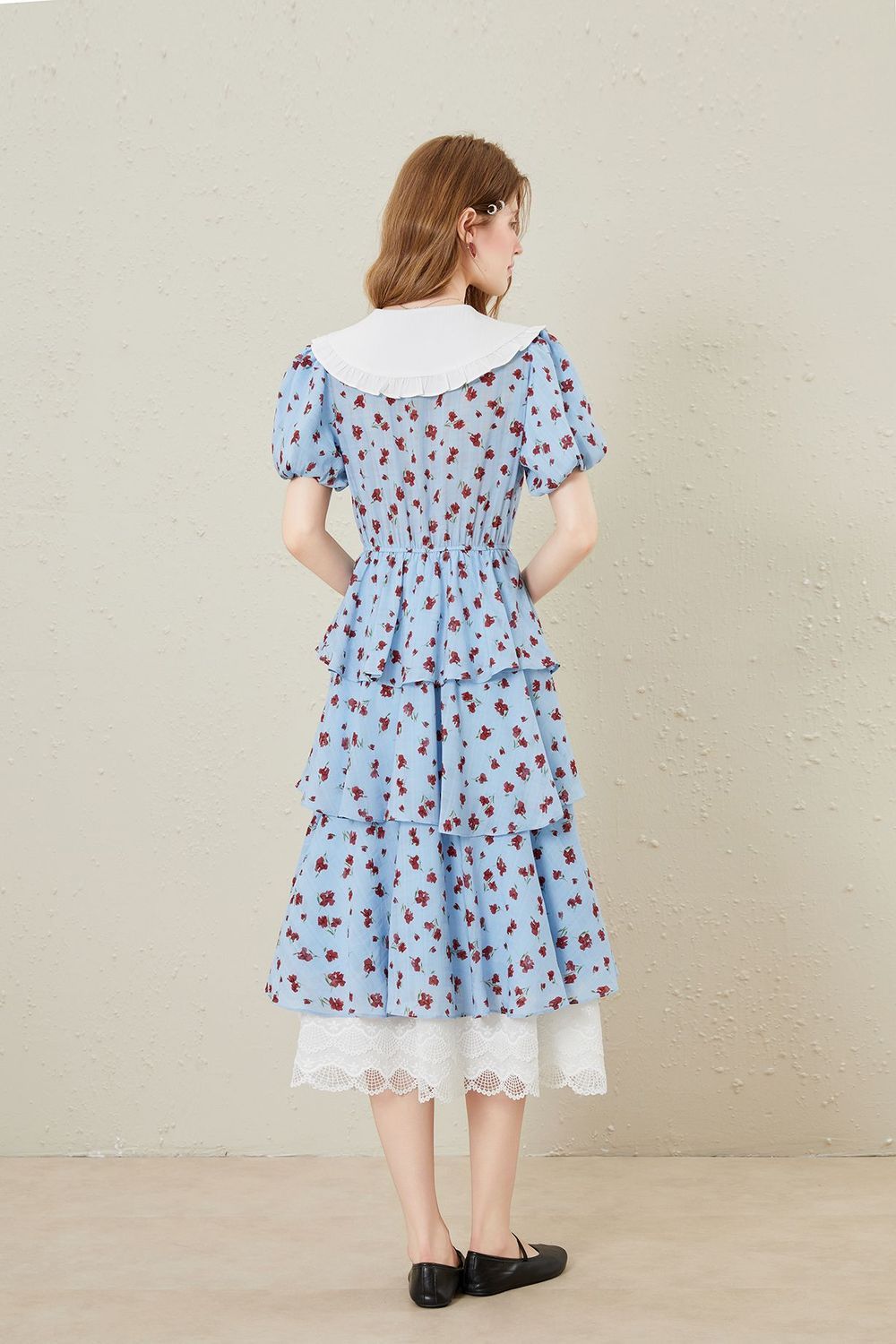 lace splicing print Tiered maxi dress in blue