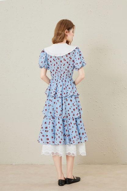 lace splicing print Tiered maxi dress in blue