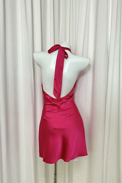 open back waist crossed halterneck satin dress