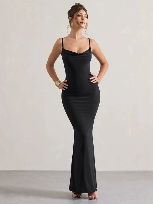 black drape suspender shaping hip fishtail dress
