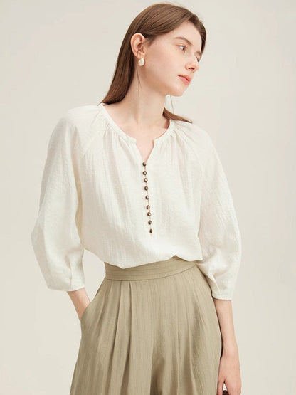 Retro round neck three-quarter sleeve linen shirt