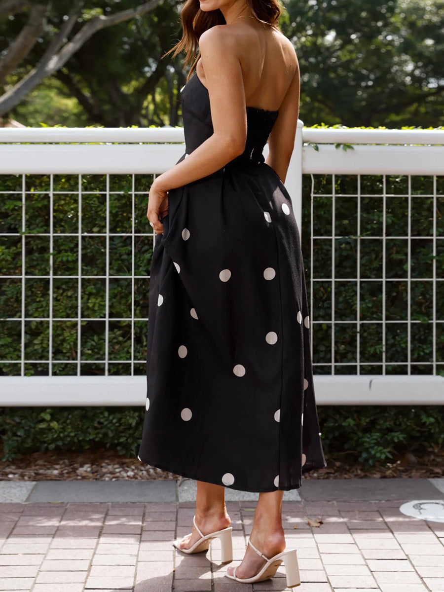 black polka dot bandeau midi dress