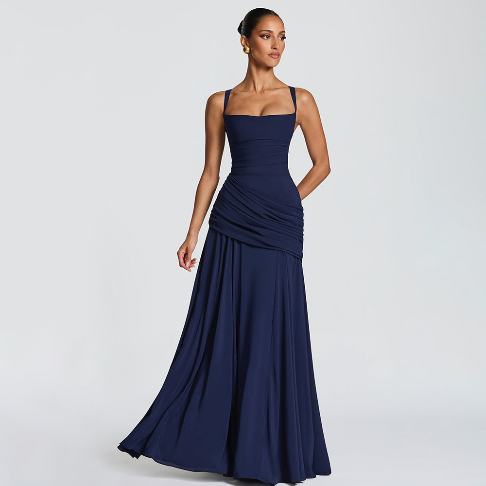 navy low-cut camisole open back mermaid dress