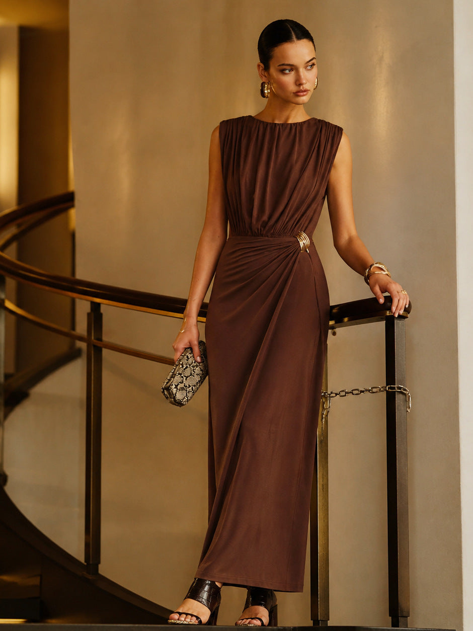 brown round neck sleeveless twisted maxi dress