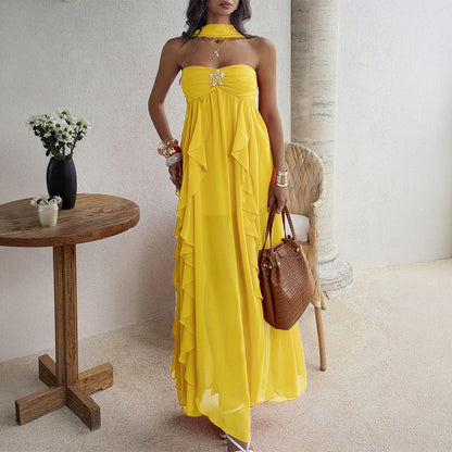 yellow bandeau layered ruffled dress
