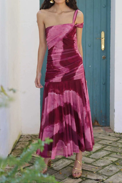 Tie-Dye Off-Shoulder Ruched Midi Dress