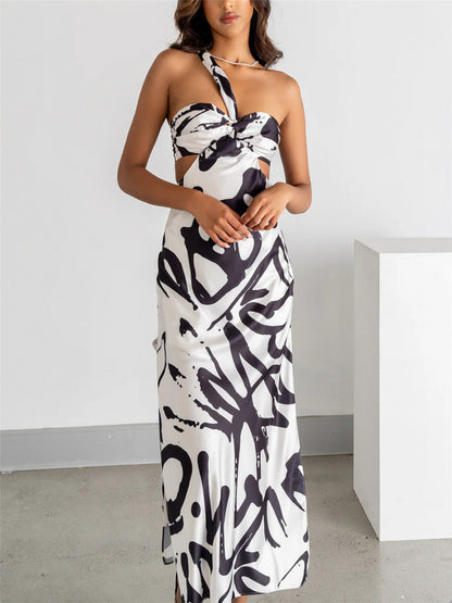 black and white contrasting abstract pattern side slit waistless dress