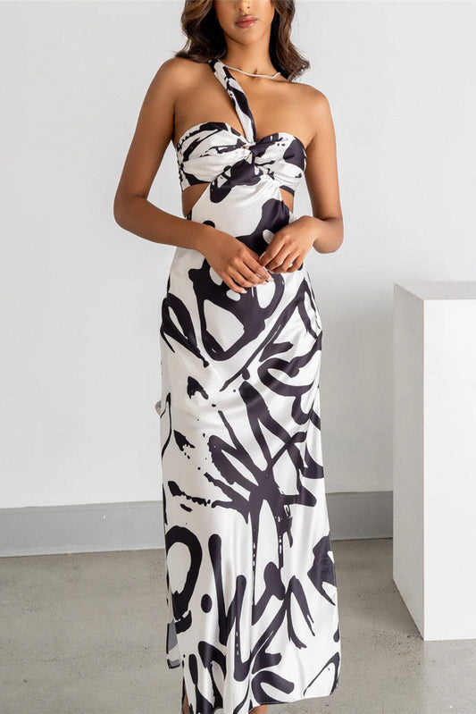 black and white contrasting abstract pattern side slit waistless dress