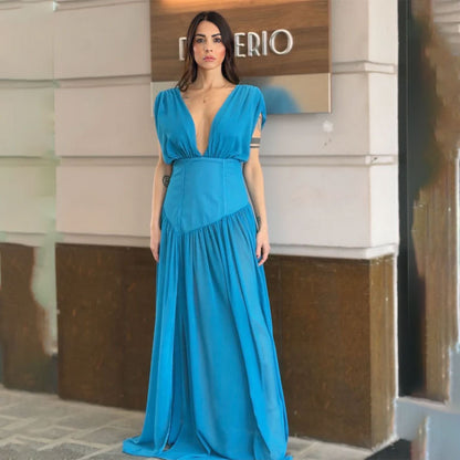 blue pleated  V-neck sleeveless asymmetrical dress