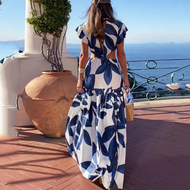 blue Printed V-Neck Ruffled Sleeve Cutout Dress