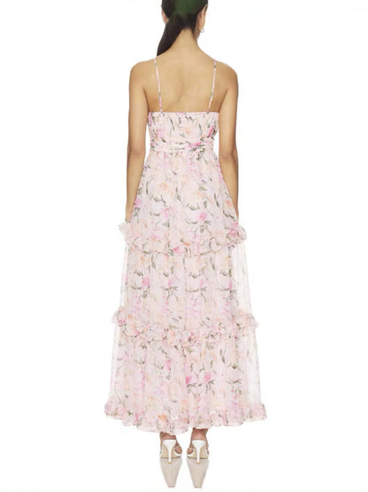Printed camisole tiered maxi dress - pink