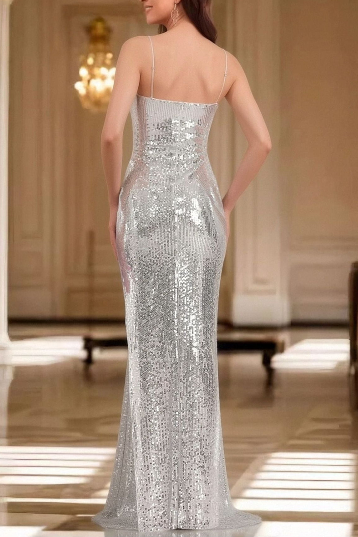 silver sequins halterneck open back dress