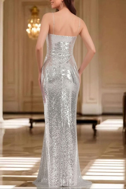 silver sequins halterneck open back dress