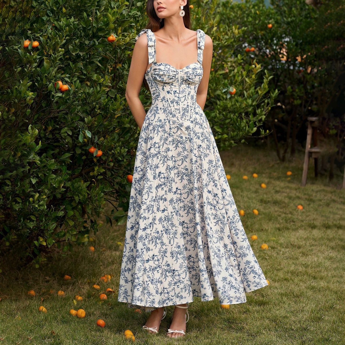 blue print slip backless waist-tied dress