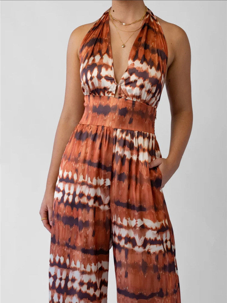 Halter V-Neck Tie Dye Wide Leg Pocket Jumpsuit