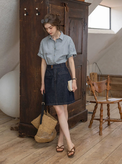 cotton dark striped color-block patchwork shirt
